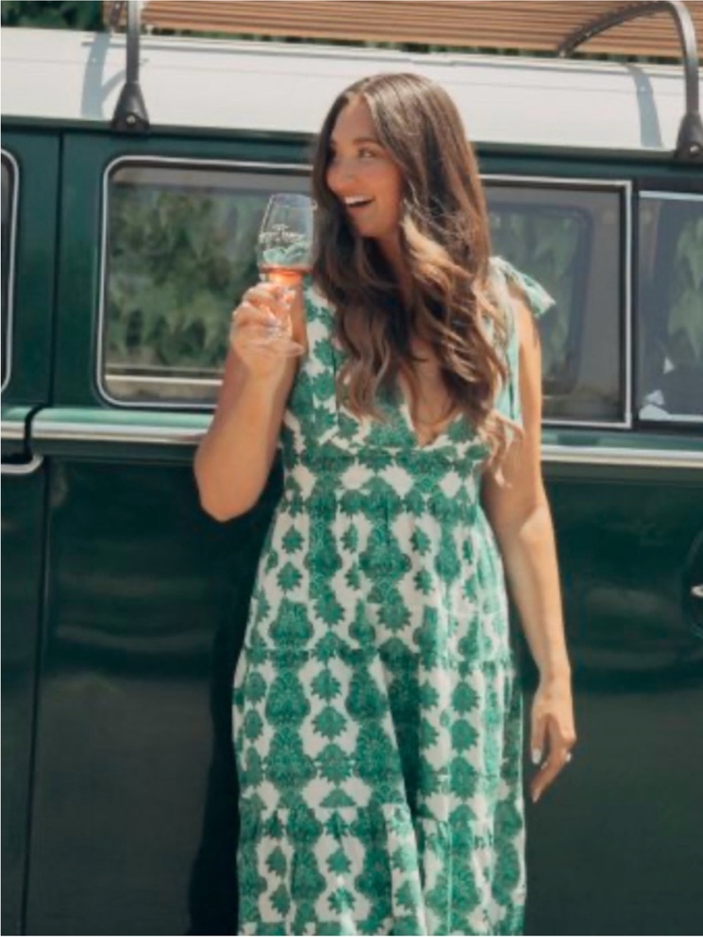 House of Harlow 1960 Green Printed Tiered Dress Linen Sleeveless Women’s Large - Picture 3 of 16
